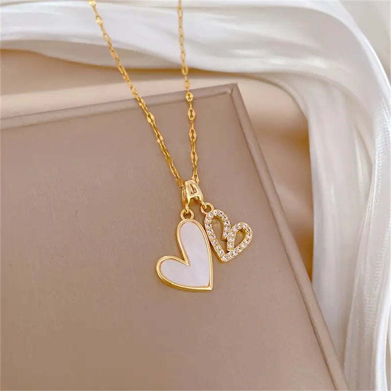 Double Layer Heart Pendant Necklace with Hollow-Out Design