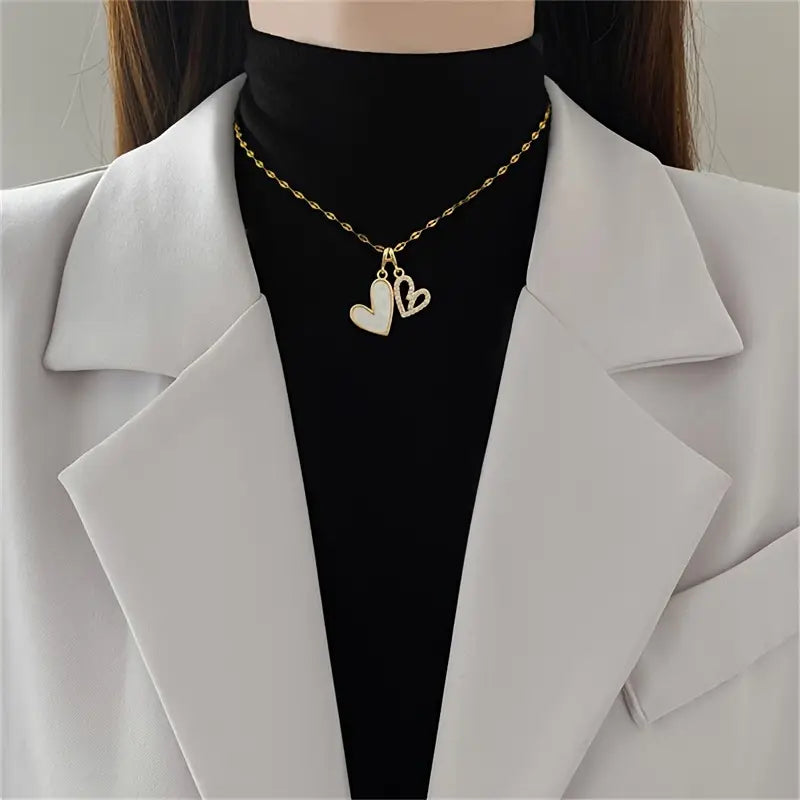 Double Layer Heart Pendant Necklace with Hollow-Out Design